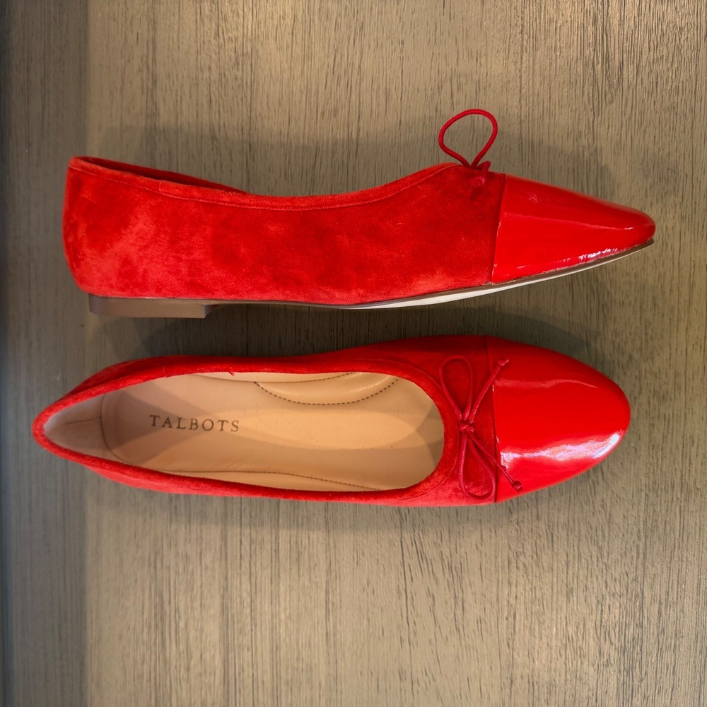 Talbots Women 9 M Red Suede Patent Cap Toe Ballet Flats Bow Detail Low Heel